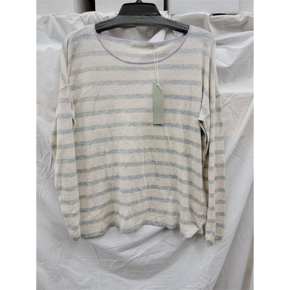 NWT One Gray Day SM Cotton Linen Stripe Round Neck Sweater 122988